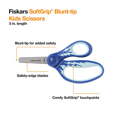 Fiskars Kids Scissors, Scissors for School, Blunt Tip Scissors, 5 Inch, Softgrip, 3 Pack (Blue, Purple, Pink)