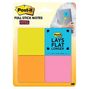 post-it super sticky full stick notes, 2×2 in, 8 pads, 2x the sticking power, energy boost collection, bright colors (orange, pink, blue, green), recyclable (f220-8ssau)