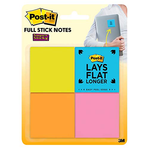 Post-it Super Sticky Full Stick Notes, 2x2 in, 8 Pads, 2x the Sticking Power, Energy Boost Collection, Bright Colors (Orange, Pink, Blue, Green), Recyclable (F220-8SSAU)