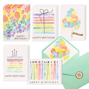 vns creations 100 happy birthday cards, assorted watercolor & gold foil blank birthday notes pack, bulk boxed assortment set of greeting note cards w/ envelopes & stickers
