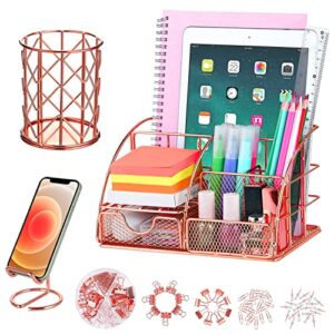 desk organizers and accessories office supplies organizer with pen holder, 72 clips set and phone stand, metal mesh desktop organizers with drawer for home, office, school ect (rose gold)