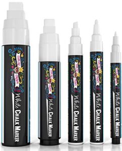 chalky crown 5pc white chalk markers – non-toxic liquid chalkboard markers, white liquid chalk marker for windows, glass – 1, 3, 6, 10, 15mm tips