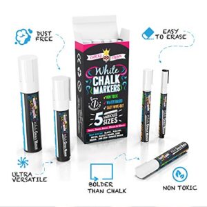 CHALKY CROWN 5pc White Chalk Markers - Non-Toxic Liquid Chalkboard Markers, White Liquid Chalk Marker for Windows, Glass - 1, 3, 6, 10, 15mm Tips