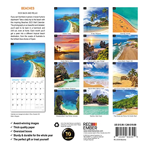 RED EMBER Beaches 2023 Hangable Monthly Wall Calendar | 12" x 24" Open | Thick & Sturdy Paper | Giftable | Beautiful Tropical Scenic Vacation Nature Photography