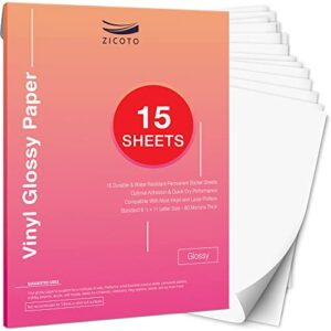 premium printable vinyl sticker paper for your inkjet or laser printer – 15 glossy white waterproof decal paper sheets – dries quickly and holds ink beautifully