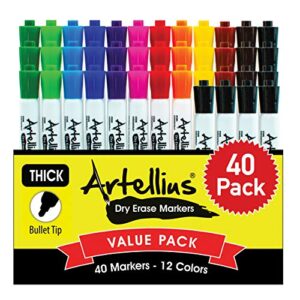 40 pack of dry erase markers (12 assorted colors with 7 extra black) – thick barrel design – perfect pens for writing on whiteboards, dry-erase boards, mirrors, windows, & all white board surfaces