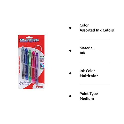 Pentel Mini R.S.V.P. Ballpoint Pen, Medium line, Assorted Ink Colors, 5 Pack (BK91MNBP5M)