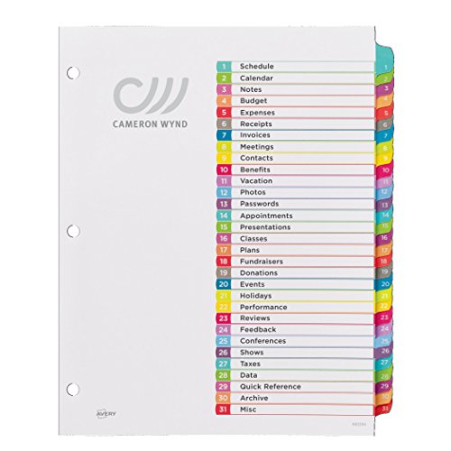 Avery 31-tab Dividers for 3 Ring Binders, Customizable Table of Contents, Multicolor Tabs, 1 Set (11846)