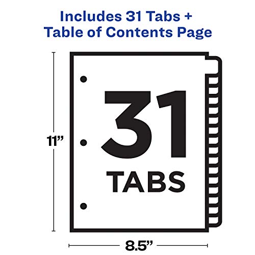 Avery 31-tab Dividers for 3 Ring Binders, Customizable Table of Contents, Multicolor Tabs, 1 Set (11846)