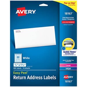 avery printable return address labels with sure feed, 0.5″ x 1.75″, white, 800 blank mailing labels (18167)