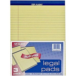 top flight legal pad, 8.5 x 11.75 inches, 0.375 inch rule, canary, 50 sheets per pad, 3 pads per pack (4513108)