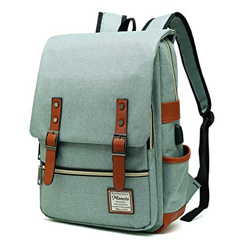 MANCIO Vintage Laptop Backpack with USB Charging Port, Slim Tear Resistant Business Backpack for Travelling,  College, School, Casual Daypacks for Men,Women, Fits up to 15.6Inch Notebook, Green