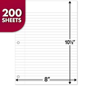 Mead Loose Leaf Paper, Wide Ruled, 200 Sheets, Standard 10-1/2" x 8", Lined Filler Paper, 3 Hole Punched for 3 Ring Binder, Writing & Office Paper, College, K-12 or Homeschool, 1 Pack (15200) , White