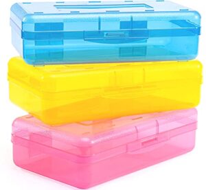 sooez 3 pack pencil box, large capacity plastic pencil case boxes, hard pencil case, crayon box with snap-tight lid, plastic pencil boxes stackable design, supply boxes for kids boys school classroom