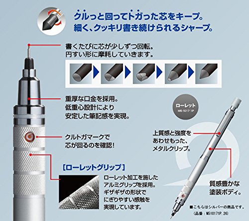 uni Kuru Toga Roulette Model Auto Lead Rotation 0.5mm Mechanical Pencil, Silver Body (M510171P.26)