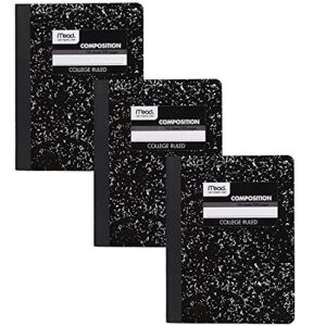 mead composition notebooks, 3 pack, college ruled paper, 9-3/4″ x 7-1/2″, 100 sheets per notebook, black marble (38111)
