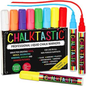 chalktastic chalkboard markers for kids set of 8 washable, erasable chalk ink dry erase pens for school, chalkboard menu board & glass car window – neon, pastel, white chalk pens – gifts for artists