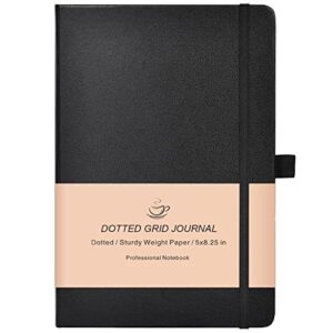 dotted grid notebook/journal – dot grid hard cover notebook, premium thick paper with fine inner pocket, black smooth faux leather, 5”×8.25”
