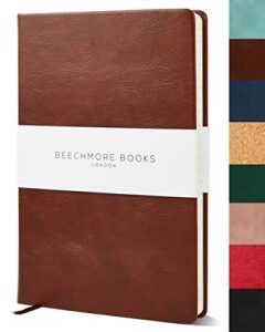 beechmore books ruled notebook – british a5 journal large 5.75″ x 8.25″ hardcover vegan leather, thick 120gsm cream lined paper | gift box | chestnut brown