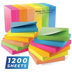 sticky notes 3×3 in (12 pads) bright colored super self sticky pads – 100 sheets / pad – easy to post for school, office supplies, desk accessories