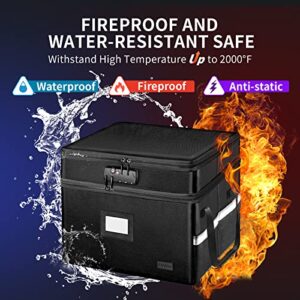 Fireproof Document Box with Lock, 2 Layers Fireproof File Box, Portable Important Document Organizer, Collapsible Waterproof File Box Organizer with Handles (Black)