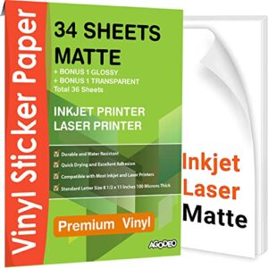 premium printable vinyl sticker paper for inkjet & laser printer – 34 sheets self-adhesive sheets matte white waterproof, dries quickly vivid colors, holds ink well- tear resistant