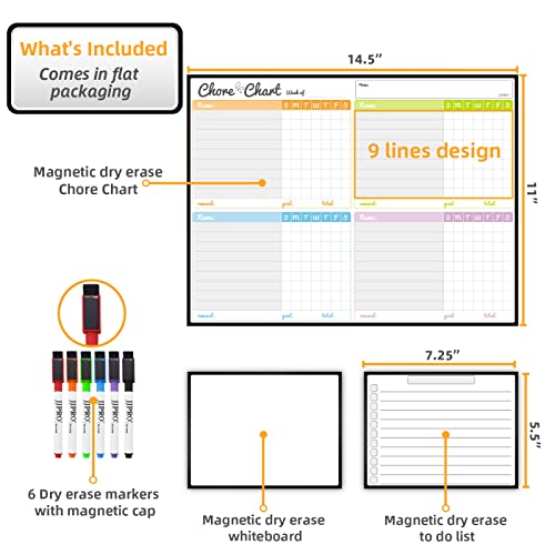 Magnetic Dry Erase Chore Chart Set for Fridge-Used for Multiple Kids-One Chore Chart and Two Bonus Dry Erase Pad/Grocery Boards-Behavior Chart for Multiple Kids-6 Extra Fine Tips Markers Included!