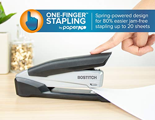 Bostitch Office Executive 3 in 1 Stapler, One Finger Stapling, No Effort, 20 Sheet Capacity, Integrated Staple Remover, Spring Powered Stapler, Black/Gray