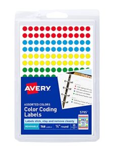 avery removable color coding labels, 0.25 inches, assorted, round, pack of 768 (5795)