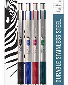 Zebra Pen F-301 Retractable Ballpoint Pen, Stainless Steel Barrel, Fine Point, 0.7mm, Assorted Ink, 4-Pack