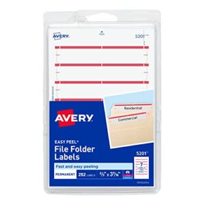 avery file folder labels on 4″ x 6″ sheets, easy peel, white/red, print & handwrite, 2/3″ x 3-7/16″, 252 labels (5201)