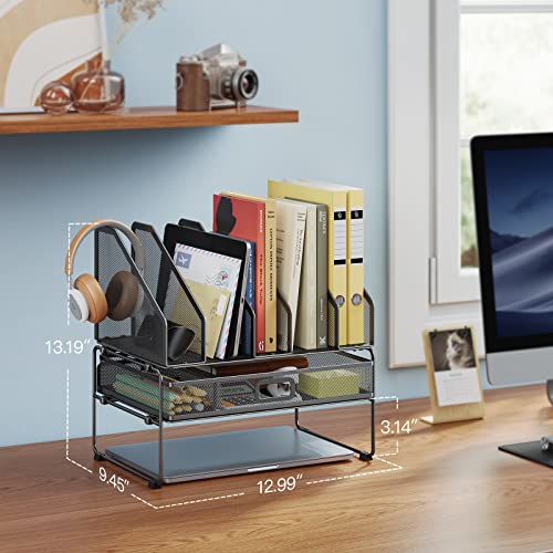 HUANUO Mesh Desk Organizer with Sliding Drawer, Desk File Organizer with Detachable Storage Sections, Desktop Organizer for Files, Books, Office Supplies, HNF02