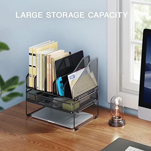 HUANUO Mesh Desk Organizer with Sliding Drawer, Desk File Organizer with Detachable Storage Sections, Desktop Organizer for Files, Books, Office Supplies, HNF02
