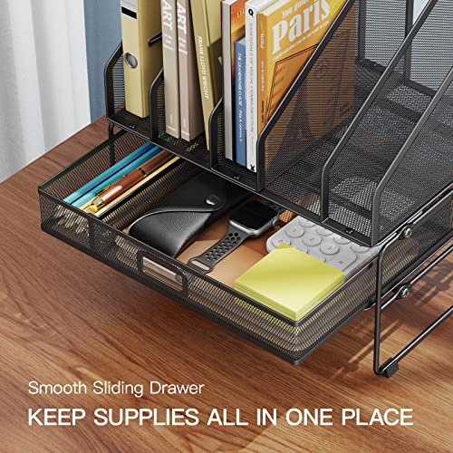 HUANUO Mesh Desk Organizer with Sliding Drawer, Desk File Organizer with Detachable Storage Sections, Desktop Organizer for Files, Books, Office Supplies, HNF02