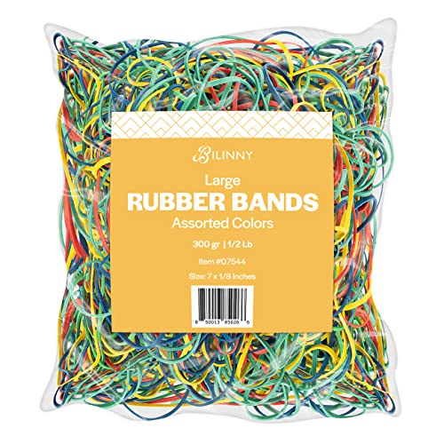 Bilinny Large Rubber Bands Heavy Duty 1/2 LB - Made in USA - 4 Assorted Colors included - Long Rubber Bands Office Supplies for Files - Home & Kitchen Use - 7x1/8 inches