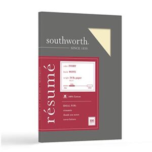 southworth® 100% cotton résumé paper, 8 1/2″ x 11″, 24 lb, 100% recycled, ivory, pack of 100