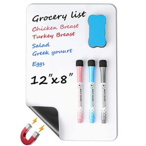 maxgear small magnetic dry erase board sheet for refrigerator, fridge whiteboard for kitchen, 12″x8″ white board organizer and planner with stain resistant technology, include 1 eraser, 3 markers