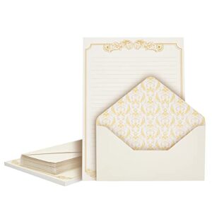 vintage letter writing kit with 60 sheets of gold border paper and 30 envelopes for letters, valentine’s (7.25 x 10 in)