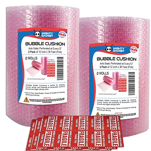 2 Pack of Mighty Gadget Bubble Cushioning Wrap Rolls, 12" x 72’ ft Total, Perforated Every 12" for Packaging, Shipping, Mailing with 30 Bonus Fragile Stickers Included (Pink)