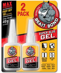 beast bond super glue – max strength adhesive for plastic, wood, metal, ceramic, rubber, leather, paper – long-lasting professional grade cyanoacrylate – 1.41 ounce (40g) pack of 2