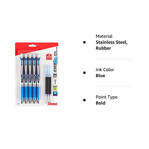 Pentel EnerGel Liquid Gel Ink Pens 0.7 mm - Pack of 5 Blue Deluxe RTX Energel Pens with 3 Refills