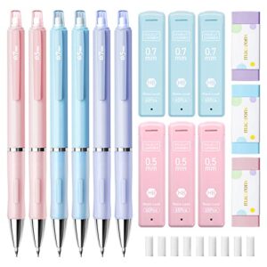 fourcandies pastel mechanical pencil set – 6pcs 0.5mm&0.7mm mechanical pencils with 360pcs hb lead refills, 3pcs erasers and 9pcs eraser refills, cute colored mechanical pencils for drawing & writing