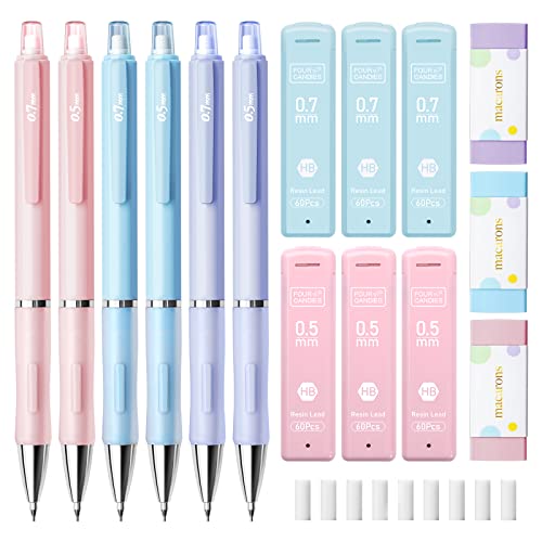 FourCandies Pastel Mechanical Pencil Set - 6PCS 0.5mm&0.7mm Mechanical Pencils with 360PCS HB Lead Refills, 3PCS Erasers and 9PCS Eraser Refills, Cute Colored Mechanical Pencils for Drawing & Writing