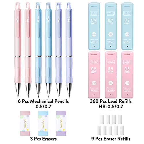 FourCandies Pastel Mechanical Pencil Set - 6PCS 0.5mm&0.7mm Mechanical Pencils with 360PCS HB Lead Refills, 3PCS Erasers and 9PCS Eraser Refills, Cute Colored Mechanical Pencils for Drawing & Writing