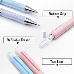 FourCandies Pastel Mechanical Pencil Set - 6PCS 0.5mm&0.7mm Mechanical Pencils with 360PCS HB Lead Refills, 3PCS Erasers and 9PCS Eraser Refills, Cute Colored Mechanical Pencils for Drawing & Writing