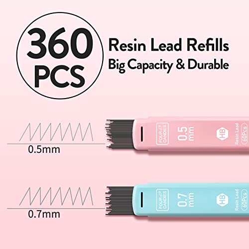 FourCandies Pastel Mechanical Pencil Set - 6PCS 0.5mm&0.7mm Mechanical Pencils with 360PCS HB Lead Refills, 3PCS Erasers and 9PCS Eraser Refills, Cute Colored Mechanical Pencils for Drawing & Writing