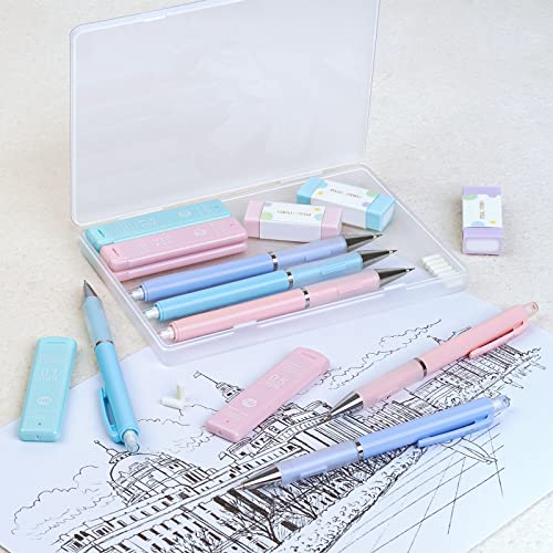 FourCandies Pastel Mechanical Pencil Set - 6PCS 0.5mm&0.7mm Mechanical Pencils with 360PCS HB Lead Refills, 3PCS Erasers and 9PCS Eraser Refills, Cute Colored Mechanical Pencils for Drawing & Writing