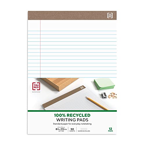 STAPLES 100% Recycled 8 1/2" x 11 3/4", White, Perforated Notepads, Narrow Ruled, 12/Pack