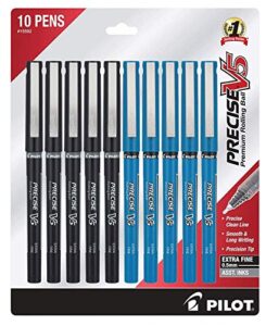 pilot precise v5 stick liquid ink rollerball pens, extra fine point, 0.5mm bulk 10-pack of 5 black pens and 5 blue ink color pens, (15592)