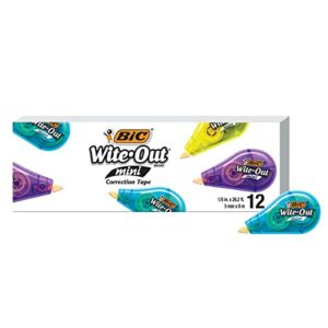 bic wite-out brand mini correction tape, 16.4 feet, 12-count pack of white correction tape, compact tape office or school supplies